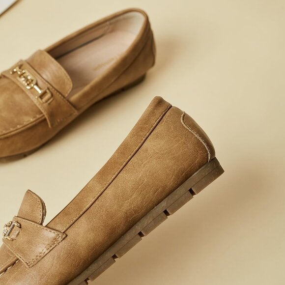 Women Khaki Polyurethane Accent Buckle Leisure Slip On Walking Flats Shoes - Picture 8 of 9